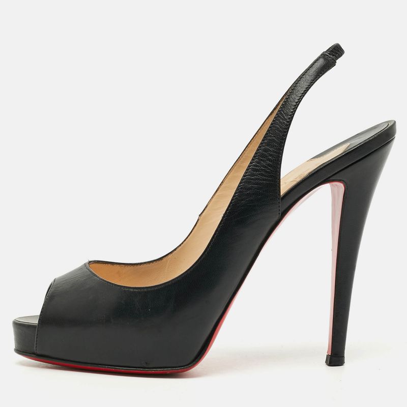 Christian Louboutin Private Number Size 39 Black Leather Peep Toe Slingback